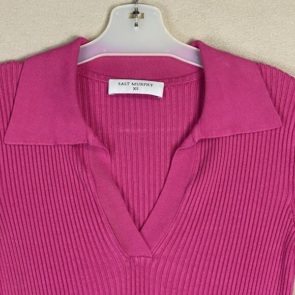 Salt Murphy Shirt Womens‎ XS Pink Ribbed Stretch Short Sleeve V Neck Blouse - Picture 2 of 10